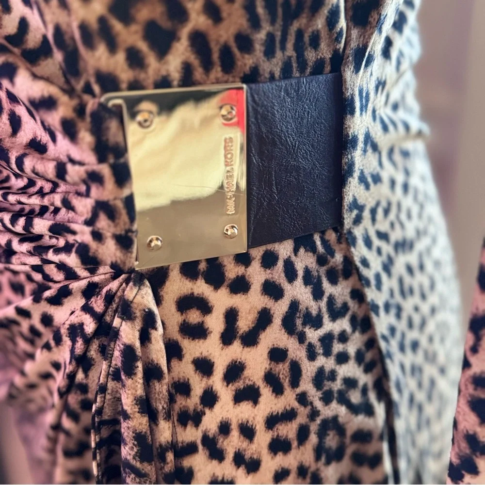 Michael Kors Logo Plate Faux Wrap Leopard Print Dress